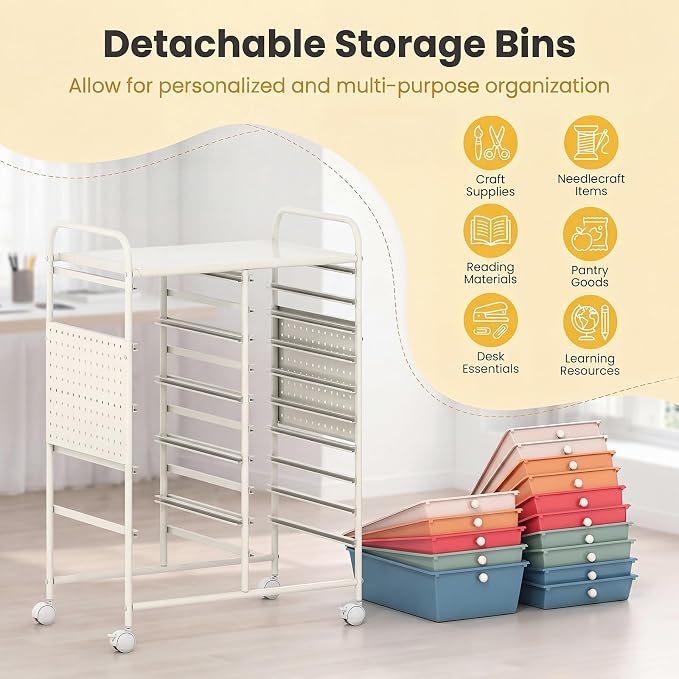 DREAMADE 15-Drawer Rolling Storage Cart, Craft Organizer Cart, Macaron | Mobile Utility Cart with Metal Pegboard Panels, Tabletop and Lockable Wheels for Classroom, Office, Studio and Playroom - Image 7