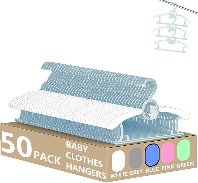 Baby Clothes Hangers 50 Pack, Plastic Kids Hangers Space Saving for Closet | Blue Hanger for Toddler Girl and Boy - Lightweight Anti-Slip Cascading Padded Extendable Adjustable Pant Bear Children Hangar by HGYZE