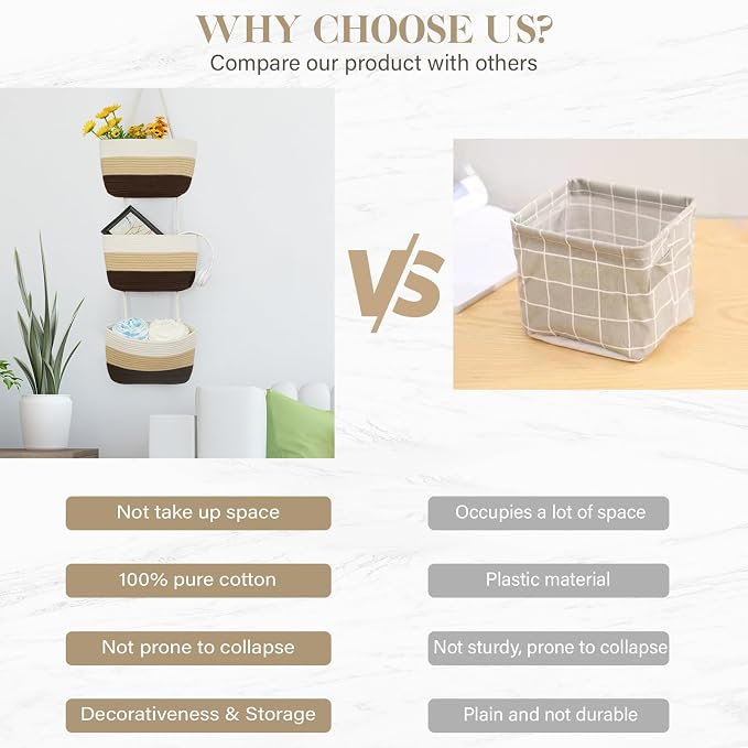 TeoKJ Over the Door Hanging Basket, 3-Tier Woven Cotton Wall-Mounted Storage Organizer Bag Decorative Hanging Nursery Baskets，Gradient Brown - Image 9