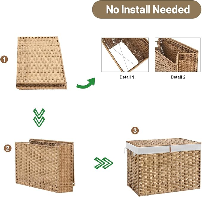 240L Wicker Storage Basket with Lid, Handwoven Rattan Large Shelf Basket with Removable Liner, 47.6 Gallon Wicker Basket for Blanket, Storage Trunk with Handle for Closet, Bedroom, Livingroom, Natural - Image 7