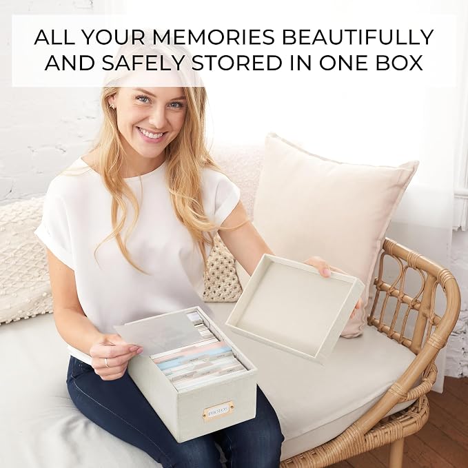 Decorative Photo Storage Box - Sturdy Linen Organizer Holds 850 4x6 Photos | Organizer with Dividers Stores Up to 850 Pictures - Portable Scrapbook Storage Containers with Lid - Image 3