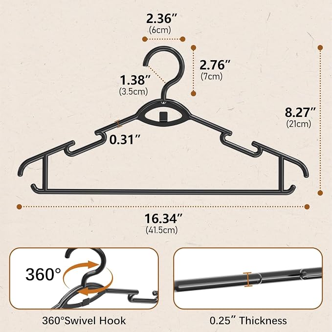 Heavy Duty Plastic Hangers 50 Pack, Stackable Space Saving, Black | 16Lbs Superior Strength, 360° Swivel Hook, Premium PP Material, Cascading, Multi-Groove Support, for Coat Suit Shirt Dress - Image 6