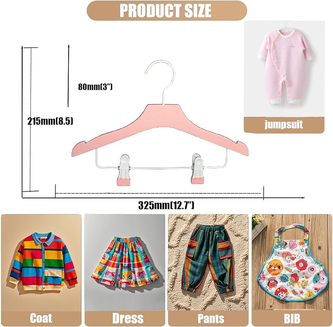 Pink 12.7" Ultra-Thin Wooden Children Closet Clothes Clips Hangers 20PCS Wood Baby Kids Coat Hangers for Infant Toddler Newborn Jumpsuit Pants Skirts Jeans Space Saving Heavy Duty Durable - Image 2