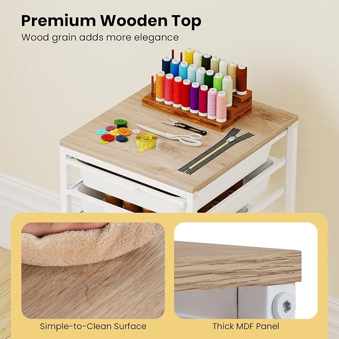 Rolling Storage Cart with 5 Drawers, Plastic Craft Organizer on Wheels with Wooden Top, Mobile Art Supply Utility Cart for Classroom, Home, Office - Image 5