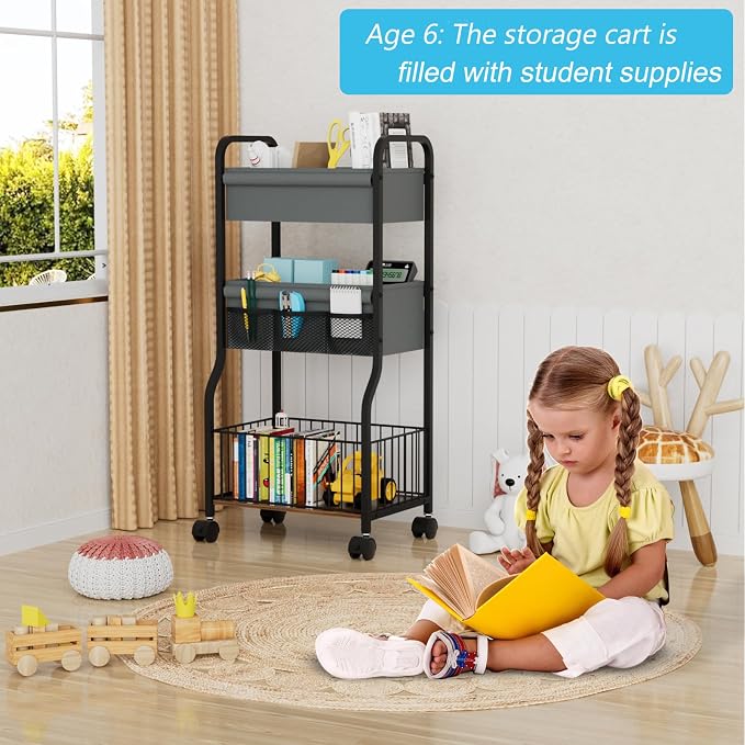 3-tier Baby Diaper Caddy Organizer and Storage Cart with 4+3 Dividers, Metal Utility Cart with Lockable Wheels for Nursery, Bedroom, Bathroom, Black - Image 4