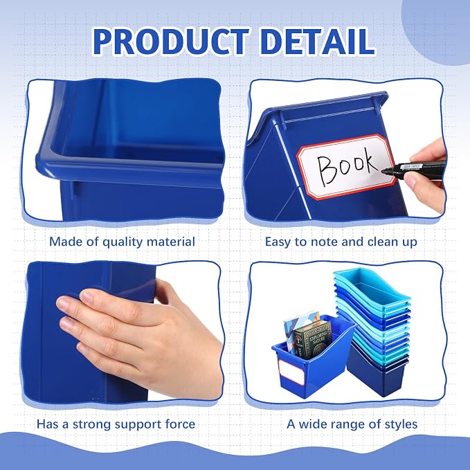 Teling 12 Pcs Book Bins Bulk for Classroom Storage Plastic Magazine Holder with Label Interlocking File Folder Organizer Binder Container Box for School Office Desktop Bookshelf Home (Ocean Blue) - Image 4