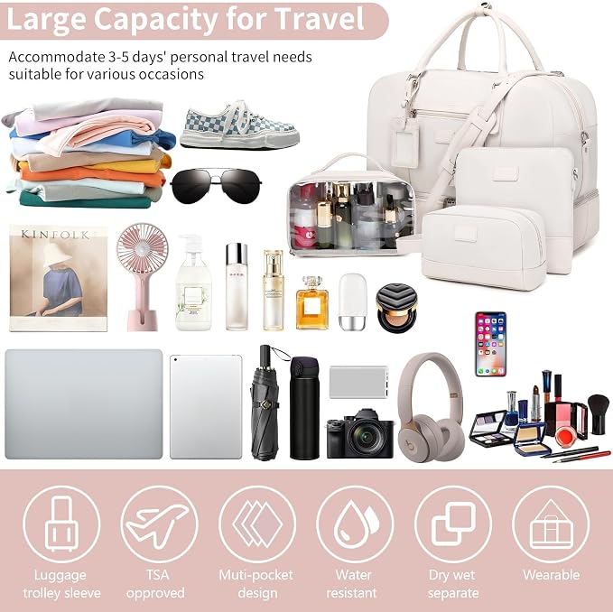 4PCS Weekender Bags for Women Large Overnight Weekend Travel Duffel Bags | Travel Bag Carry-on Tote Hospital Bag with Shoe Compartment Crossbody Toiletry Bag for Travel Business Gym Water Resistant - Image 7