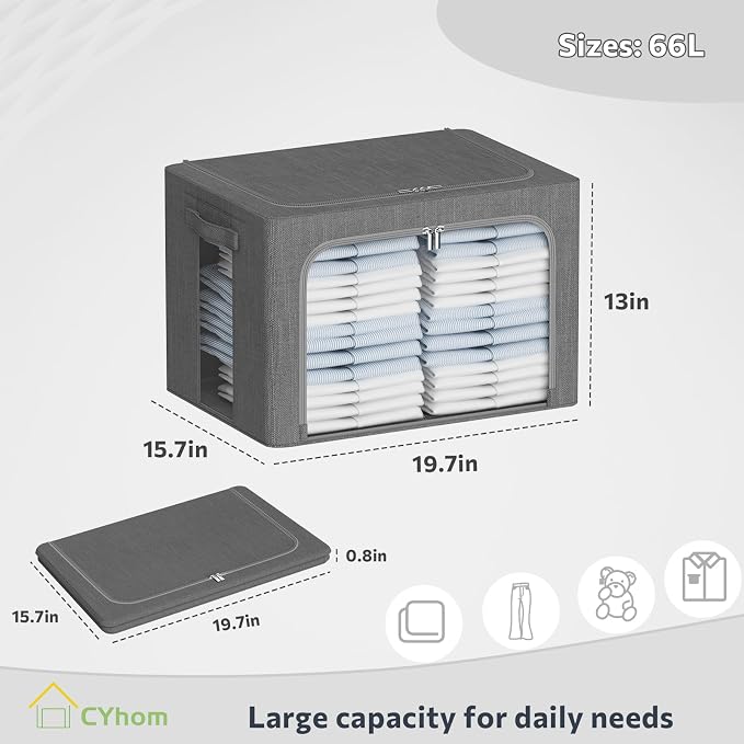 CYhom Clothes Storage Bins Box - Linen Fabric Foldable Stackable Container Organizer Set with Clear Window & Carry Handles & Metal Frame - 2Pack Large Capacity for Bedding, Blankets, Books - Image 5