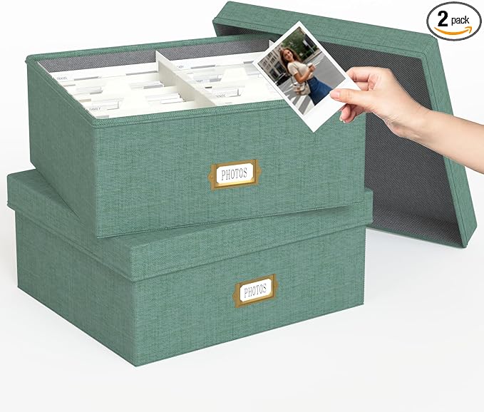 Decorative Photo Storage Box, 2 Pack Linen Photo Box Hold 1700 4x6 Pictures | Photo Storage Containers with 8 Dividers, Memory Keepsake Organizer for Photos, Scrapbook Supplies, Cards, Stamps, Green by JOLENSOY