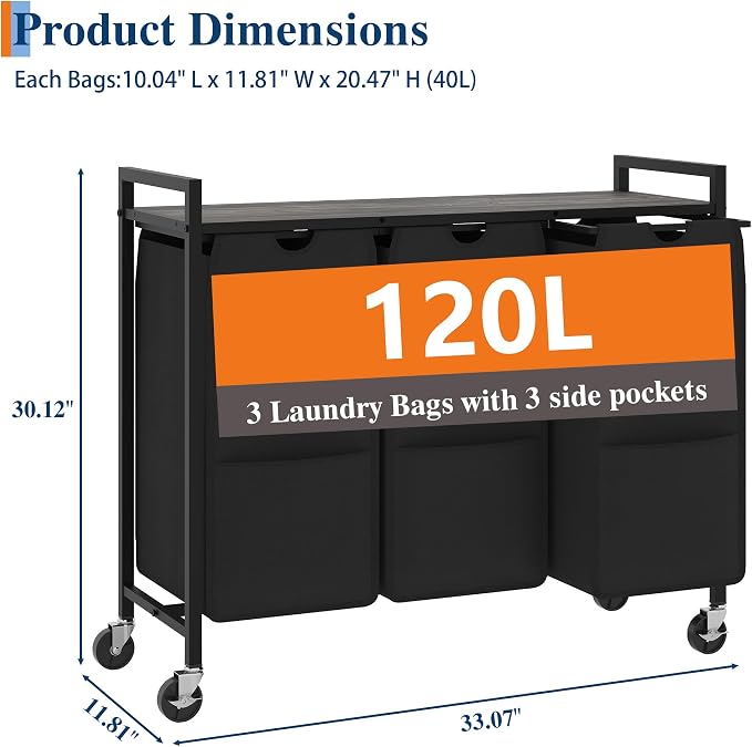 Garvee Rolling Laundry Hamper with Shelf, 3-Section Laundry Sorter with Removable Bags & Wheels, Heavy Duty Clothes Basket Organizer for Laundry Room, Bathroom, Bedroom, Greige & Black, 120L | Laundry Sorter with Removable Bags & Wheels, Heavy Duty Clo... - Image 2