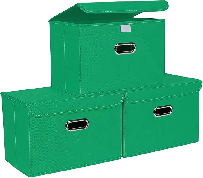 STOREONE Fabric Storage Cube Bins Foldable Organizer Container Collapsible Basket with Lids and Metal Handles, for Home, Bedroom, Closet 3 Pcs (Green) by STOREONE