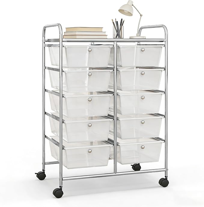 COSTWAY 10 Drawer Rolling Storage Cart, Utility Cart with Lockable Wheels | Mobile Art Supply Craft Organizer with Metal Frame, Multipurpose Drawer Cart for Paper for Office, School, Transparent by COSTWAY