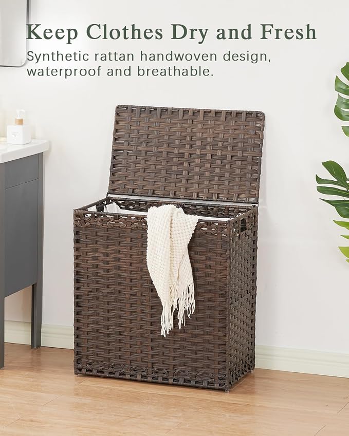 SETVSON Laundry Hamper with Lid Wicker Laundry Basket 112L PE, Brown | Large Family Clothes Sorter Trunk with Lid, 3 Compartment Washable Liners, 6 Mesh Bags, Collapsible Steel Frame - Image 2