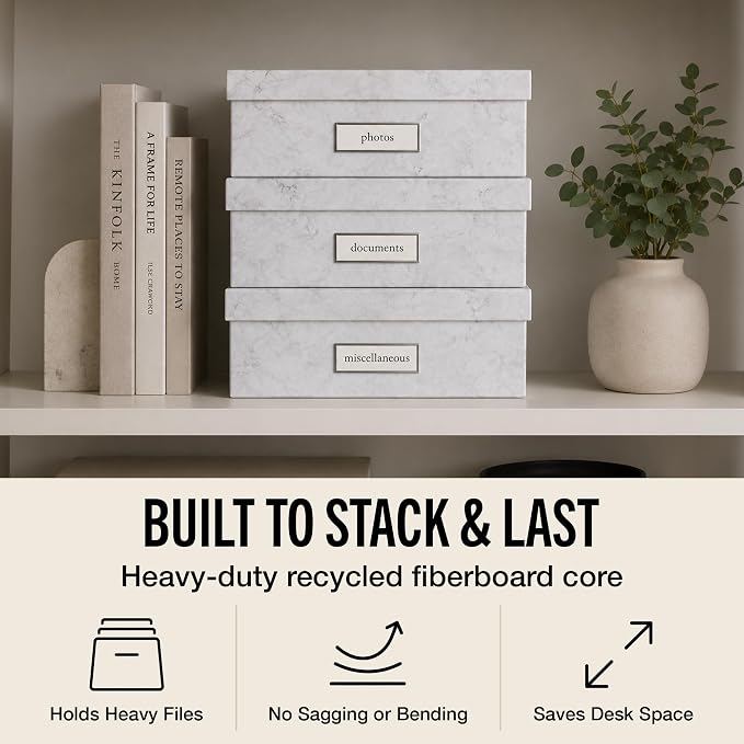 Bigso Oskar Fiberboard Label Frame Document Letter Box for Important Paperwork A4 or Letter Size - Durable Keepsake Box with Lid and Metal Label Holder - 3.3in x 10.2in x 13.8in - Marble - Image 3