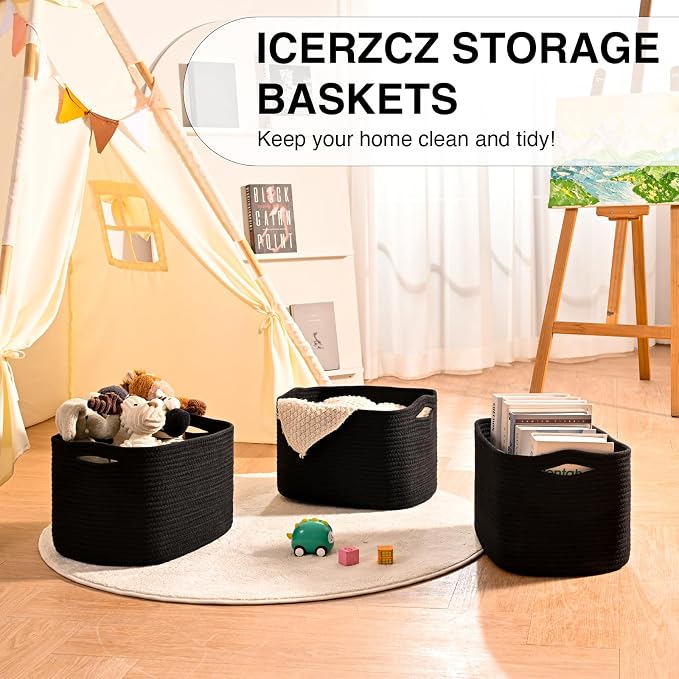 ICERZCZ Black Storage Baskets for Organizing Shelves, Toy Basket for Nursery, Woven Cotton Rope Basket for Decor, Towel Baskets for Bathroom, 15"x11"x9.5", 3 Packs, Black - Image 6