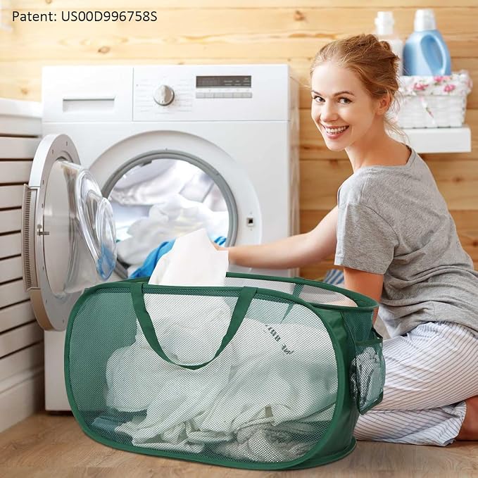 Sturdy Mesh Pop Up Laundry Hamper, Collapsible Laundry Baskets with Side Pocket, Foldable Clothes Hamper with Reinforced Carry Handles for Laundry, Bathroom, Kids Room, Dorm or Travel Emerald - Image 2