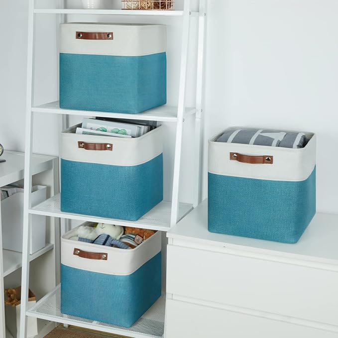 Temary Baskets Storage 12 Inch Fabric Storage Cubes Storage Baskets with Handle, Large Cube Storage Bins for Storage Books, Blankets, Clothes Baskets for Gift (White&Teal) - Image 5