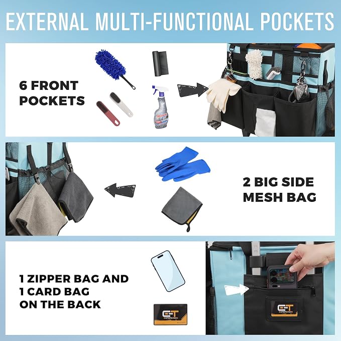 SCAVATA Rolling Cleaning Caddy Bag with Detachable Trolley, Large Cleaning Supplies Organizer with Wheels, Multi Pocket Cleaning Cart with Adjustable Shoulder Strap for Housekeepers & Home, SkyBlue - Image 2