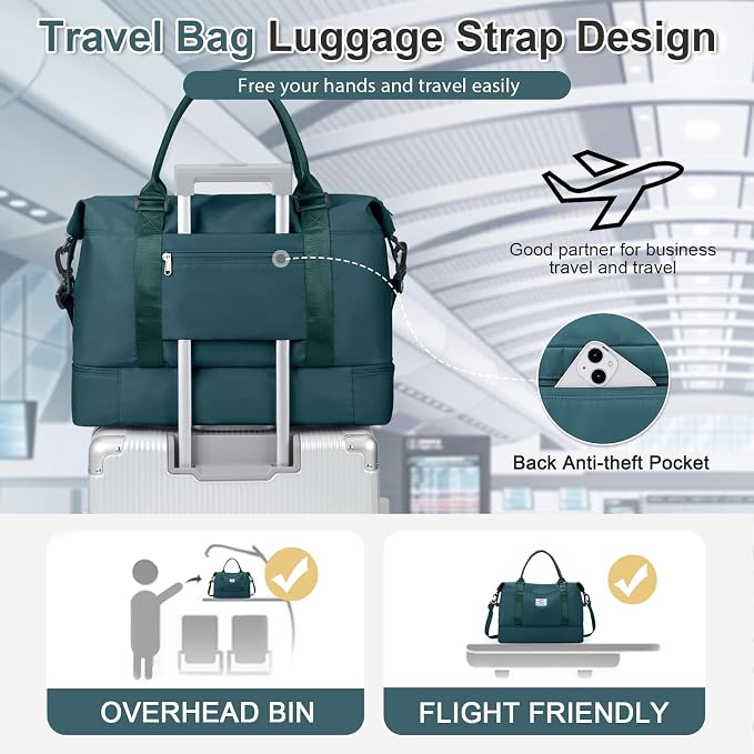 Weekender Bags for Women, Travel Duffel Bags with Shoe Compartment & Wet Pocket,Personal Item Travel Bag for Airlines,Carry on Overnight Tote Bag for women,3Pcs Set，Peacock Blue - Image 7