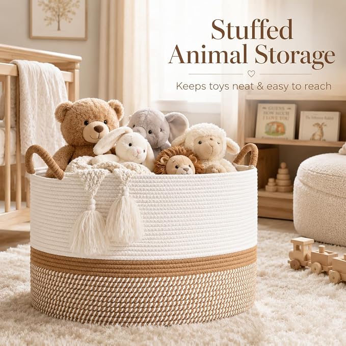 KAKAMAY Large Blanket Basket with Handles, Storage Basket for Living Room | Extra Large Capacity | Blanket Storage | Laundry Basket | Natural Cotton Rope | Stuffed Animal Storage | Woven Storage Basket - Image 3
