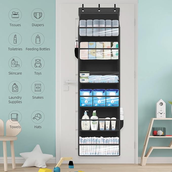 Over Door Organizer with 6 Extra Large Pockets 12 Side Pockets, 2-Pack Sturdy Closet Rack, Hanging Storage Organizer with Clear Window for Shoes, Diapers, Toys, Bedroom, Bathroom, Black - Image 7