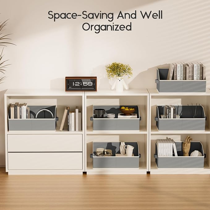 Large Closet Organizers and Storage Bins - 6 Pack Trapezoid Storage Baskets for Shelves, Foldable Fabric Baskets with Handles Ideal for Closet, Basket, Wardrobe and Shelf Storage, Grey - Image 7