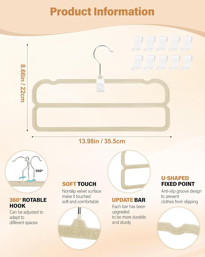 10 Pack Velvet Pants Hangers Space Saving, Non Slip 2-Layer Hanger (Beige) | Heavy Duty Flocked Trouser Hangers,pants organizer for closet with Swivel Hook, Felt Jean Hangers for Women and Men - Image 3