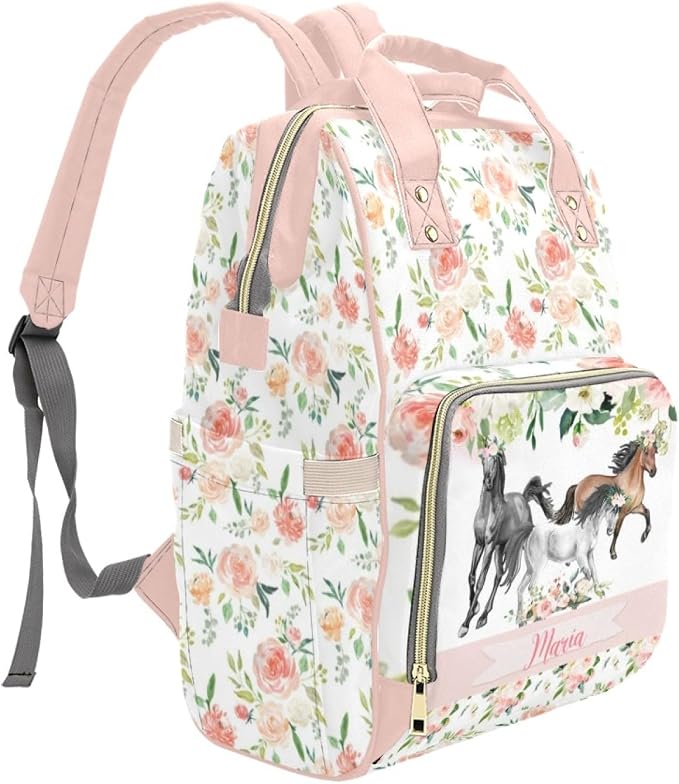 Personalized Cute Diaper Bag Backpack with Name Customized Floral Horse Mommy Bags for Moms with Muti Pockets Custom Portable Nappy Bag Travel Backpack with Large Capacity for Women - Image 3