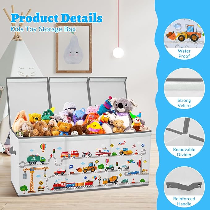 Large Toy Box Collapsible Chest Organizer with Flip Lid for Kids | Oxford Storage Box with Handle for Boy Girl Sturdy Waterproof Organizing Decor for Bedroom Playroom Nursery 37.7×12.5×15.7'' - Image 3