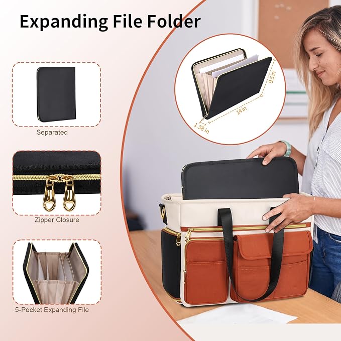 ESTARER Teacher Tote Bag for Women 2Pcs,15.6'' Laptop Work Bag Computer Bag w/File Folder & Insulated Pocket, Large Water-resistant Messenger Shoulder Bag for Office/Travel/College,Black-Beige-Brown - Image 5