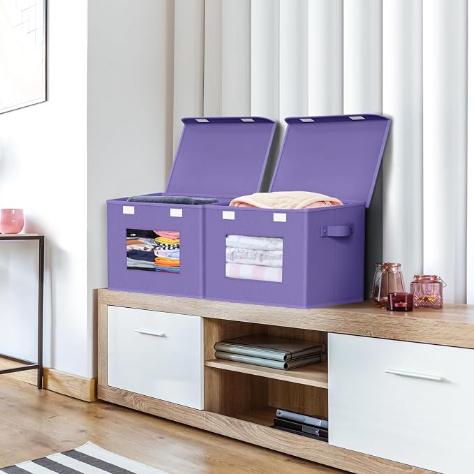 Univivi Fabric Foldable Storage Bins with Lids, 4 Pack, Purple | Stackable Closet Storage Bins, Fabric Closet Organizers and Storage with Lid & Clear Window for Home, Office, Bedroom - Image 4
