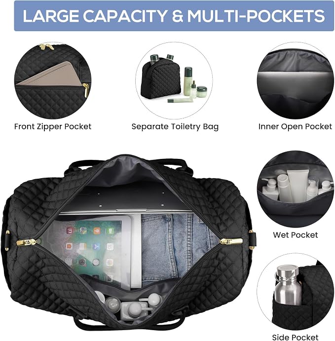 Travel Weekender Bags for Women - Duffle Bag Women with Shoe Compartment Carry On Overnight Bag with Toiletry Bag Duffel Bags with Wet Pocket for Gym Hospital Bags Black for College - Image 2