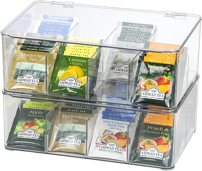 ZEXALOR Plastic Clear Storage Containers, Set of 2 Tea Bag Organizer Boxes 8 Compartments with Lids, Underwear Tie Drawer Organizer, Dresser Organizer (10.8×7×3.7") - Image 3