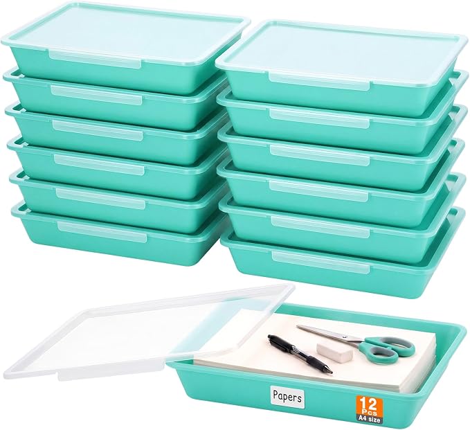 12 Pcs Classroom Paper Storage Bins with Clear Latching Lid, Label Stackable Letter Size Flat Tray Container for Teacher Back to School Supplies Home Office Desk Arts Crafts (Teal,13x10in) by Tinlade