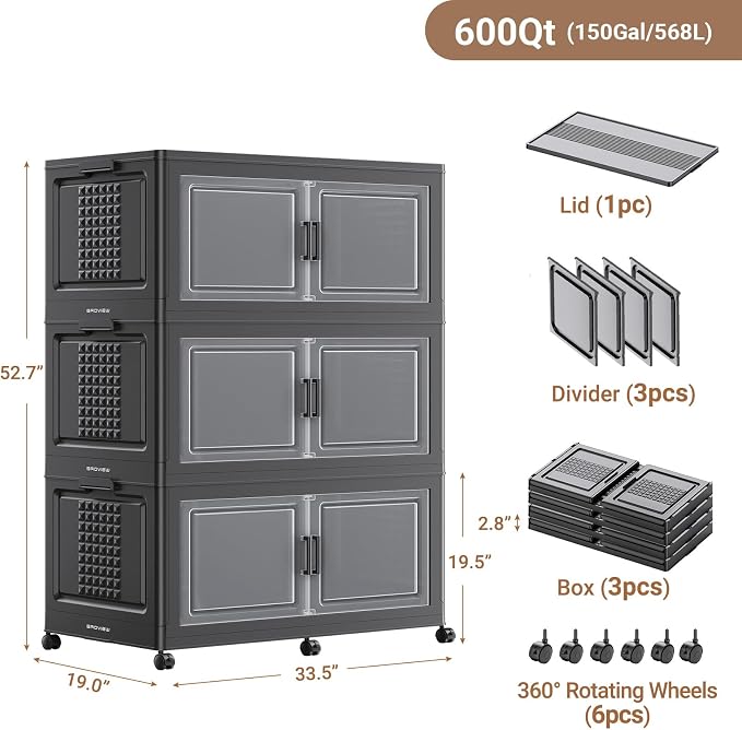 150Gal XL Stackable Storage Bins Foldable Box Cabinet for Home 3Pack Black | Extra Large Plastic Boxes with Dividers Multi-Compartment Collapsible Closet Organizers and Storage Cabinet with Wheels Door - Image 2