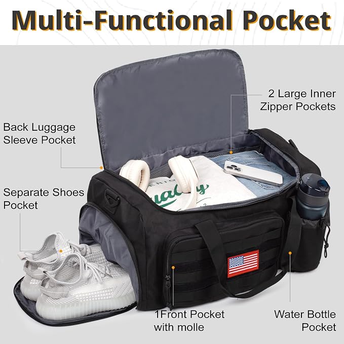 Tactical Gym Bag for Men, 60L Duffle Bag with Shoes Compartment for Travel | Water-Resistant Sports Weekender Bag with Adjustable Shoulder Strap Wet Pocket for Gym,Travel,Hiking,Camping Overnight Trips - Image 3