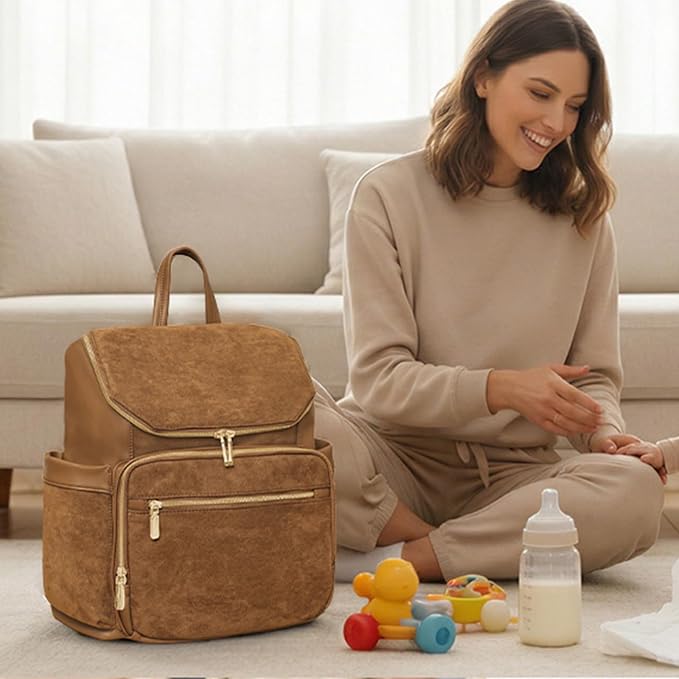 miss fong Diaper Bag Backpack Suede Baby Backpack with Changing Pad | 14Pockets Convertible Mommy Diaper Backpack for Mom Waterproof Wet Pocket,Insulated Pockets,Stroller Straps Luggage Sleeve - Image 9