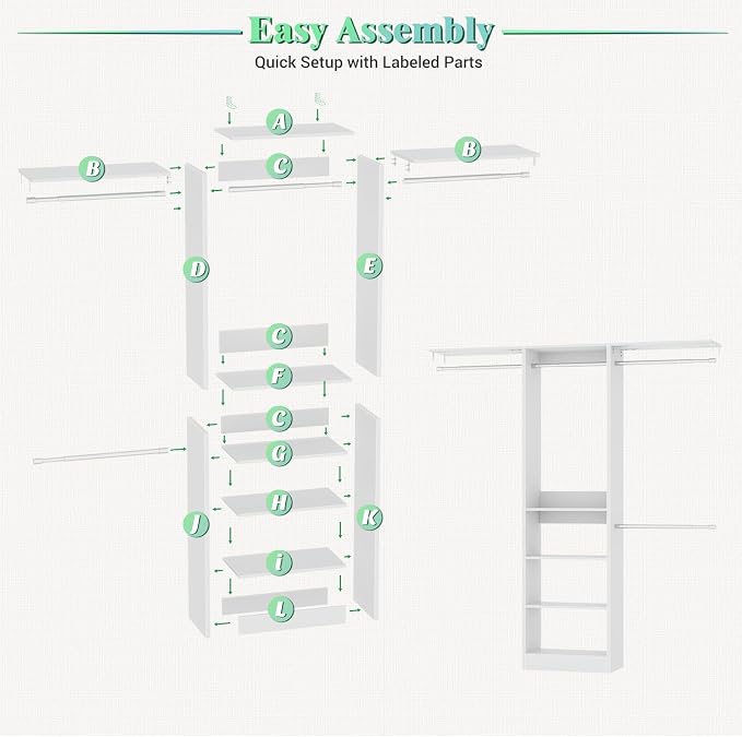 Besiost 4FT Small Closet Organizer System with 4 Hanging Rods & 3 Shelves | 48" Closet System for Small Closets, 80" H Small Closet Organizers and Storage for Bedrooms, Cloakrooms, White - Image 7