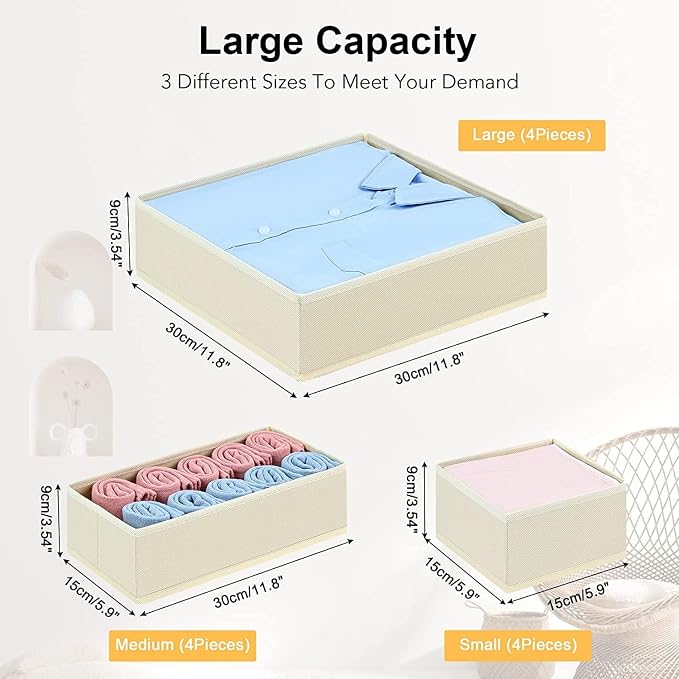 DIMJ Drawer Organiser System Drawer Organiser - Pack of 12 Storage Box Fabric Foldable Underwear Wardrobe Organiser for Clothes, Socks, Ties, Beige - Image 6