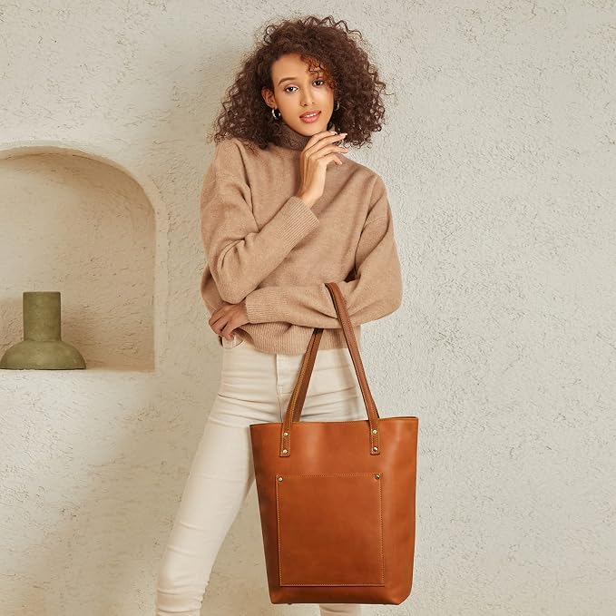 S-ZONE Leather Tote Bag for Women Work Handbag with Luggage Sleeve | Top Grain Genuine Leather, Padded Laptop Compartment, Multi Pockets, Large Retro Purse, Travel Everyday - Image 2