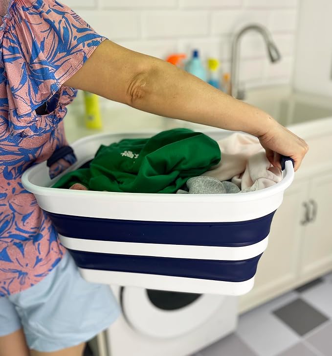 SAMMART Collapsible Plastic Laundry Basket with Handle/Foldable Pop Up Storage Hamper/Portable Laundry Organizer-Space Saving Washing Tub/Household Storage (White/Starry Blue, 27L (Set of 2)) - Image 6