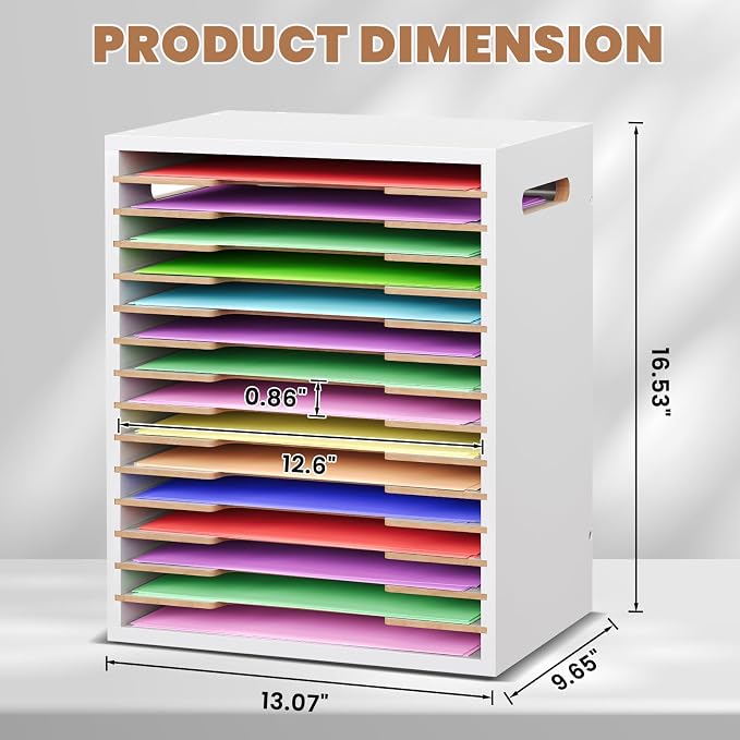 8.5x11 Scrapbook Paper Organizer Wood, 15 Tier Desk File Organizer with Handle, 9x12 Construction Paper Storage Holder Letter Tray Mail Sorter for Craft Room Home Office Classroom, White - Image 3