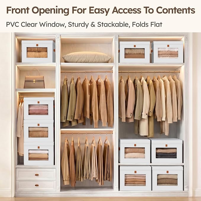 Storage Bins with Lids - Front Opening Storage Box with Clear Window & Handles, Stackable Foldable Fabric Bins for Closet Organization, Clothes, Sweaters, Towels, Blankets, 3 Pack, White - Image 2