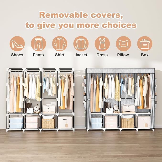 Portable Closet for Hanging Clothes, 67 Inch Wide Portable Wardrobe Closet with Cover, 4 Hanging Rod, Storage Shelves and Side Pockets, Large Free Standing Closet for Bedroom, Printing - Image 5