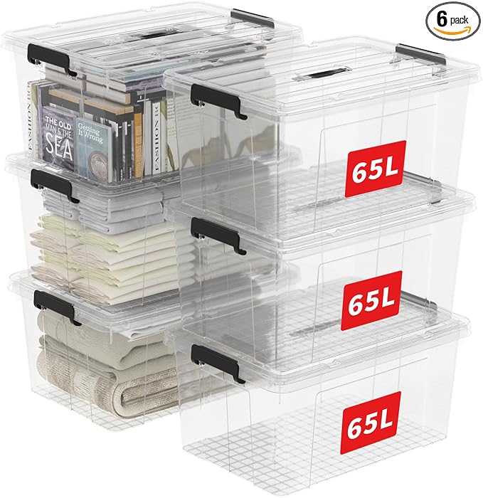 Cetomo Lidded Storage Bin with Handle, Storage Bins with Lid, Organizing Container with Secure Latching Buckles, Stackable and Nestable, Plastic, 72 Quart-6 Pack, Clear by Cetomo
