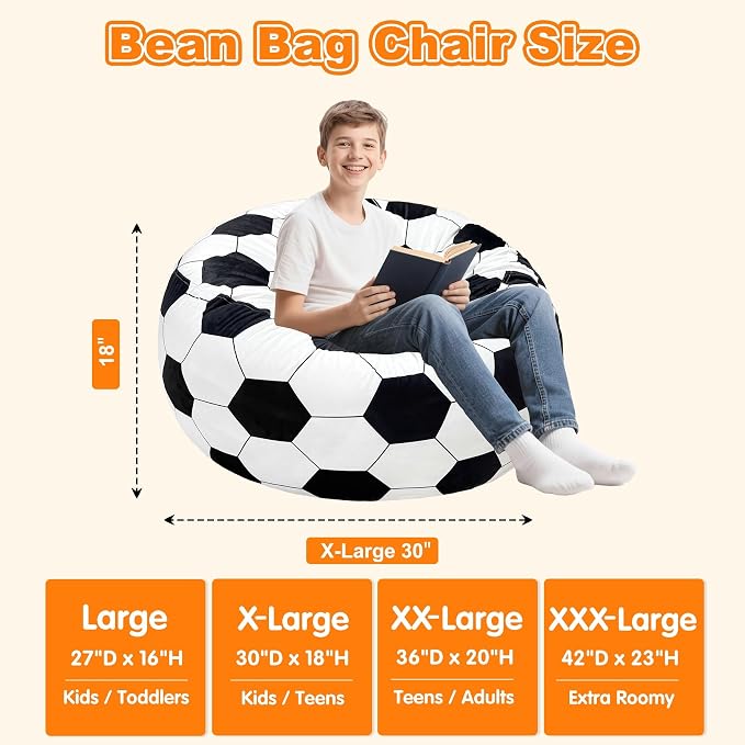 Lukeight Soccer Bean Bag Chair for Kids Teens Adults, Memory Foam Filled Floor Lounger, Washable Velvet Cover with Inner Liner, Beanbag Chair with Filling for Gaming and Reading, X-Large 30"D x 18"H - Image 2