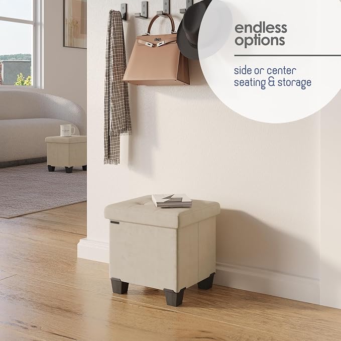 Storage Ottoman Cube with Small Bin, 15-in Square Ottoman with Storage for Living Room and Bedroom, Small Ottomans Foot Rest, Velvet Foot Stools Ottomans Max 330lbs, Beige - Image 6