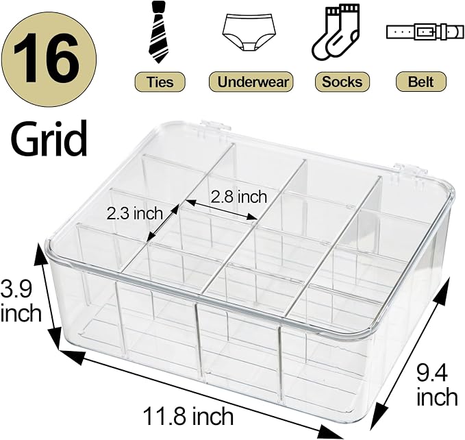 ZEXALOR Plastic Clear Storage Containers, Set of 2, Sock Organizer Divided Boxes with Lids, Underwear Drawer Organizer, Tie Dresser Organizer (11.8×9.4×3.9") - Image 2