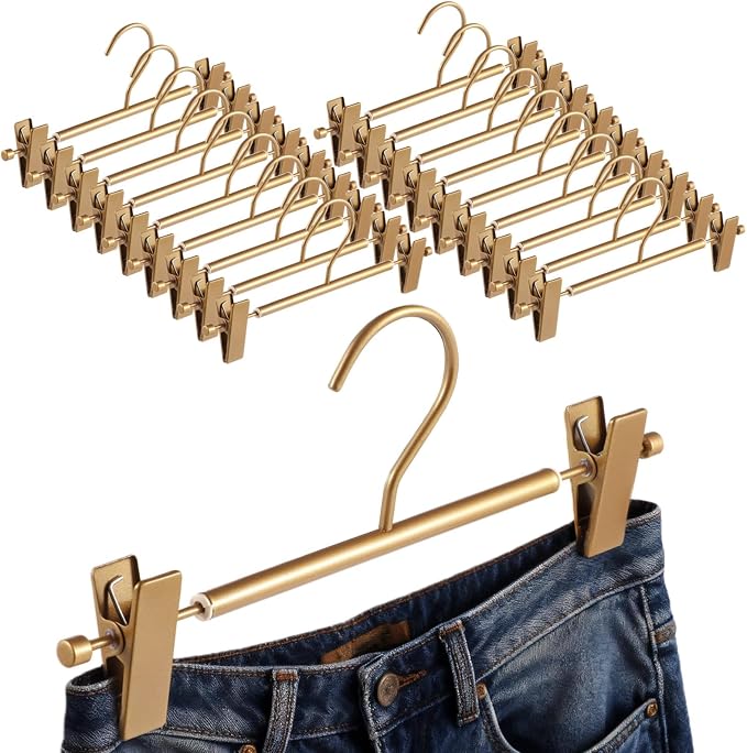 20 PCS Gold Pants Hangers with Clips - Adjustable Metal Skirt and Trouser Hangers with Non-Slip Rubber Padded Clips, Slim Lightweight Sturdy Aluminum Clothes Hangers for Clothes Closet Organization by Unknown
