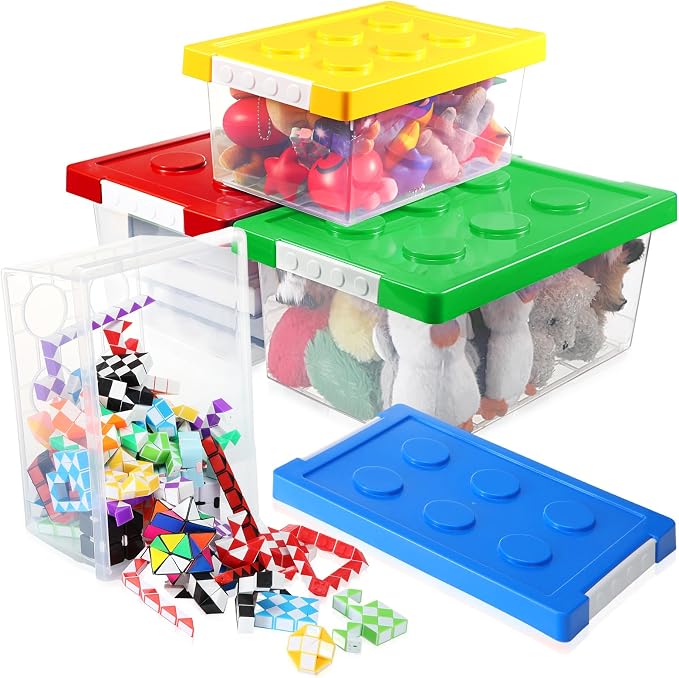 4 Pack Toy Storage Containers with Lids Brick Shaped Kids Toy Organizer Box Plastic Clear Stackable Bin Chest for Building Block Dolls(Large, Small,Red, Yellow, Blue, Green) by Vicenpal